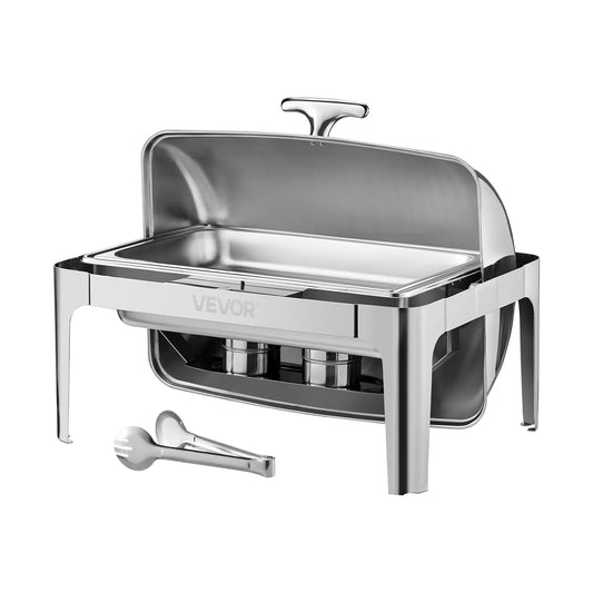 SucceBuy 9Qt Roll Top Chafing Dish Buffet Complete Set Stainless Steel Chafer w/ Full Size Pan Rectangle Catering Warmer Server