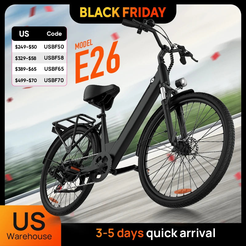 750W E-Bike Commuter 26x2" Tires 48V 10.4Ah Removable LCD Display 20MPH Speed 7-Speeds Hydraulic Disc Brakes for Adults