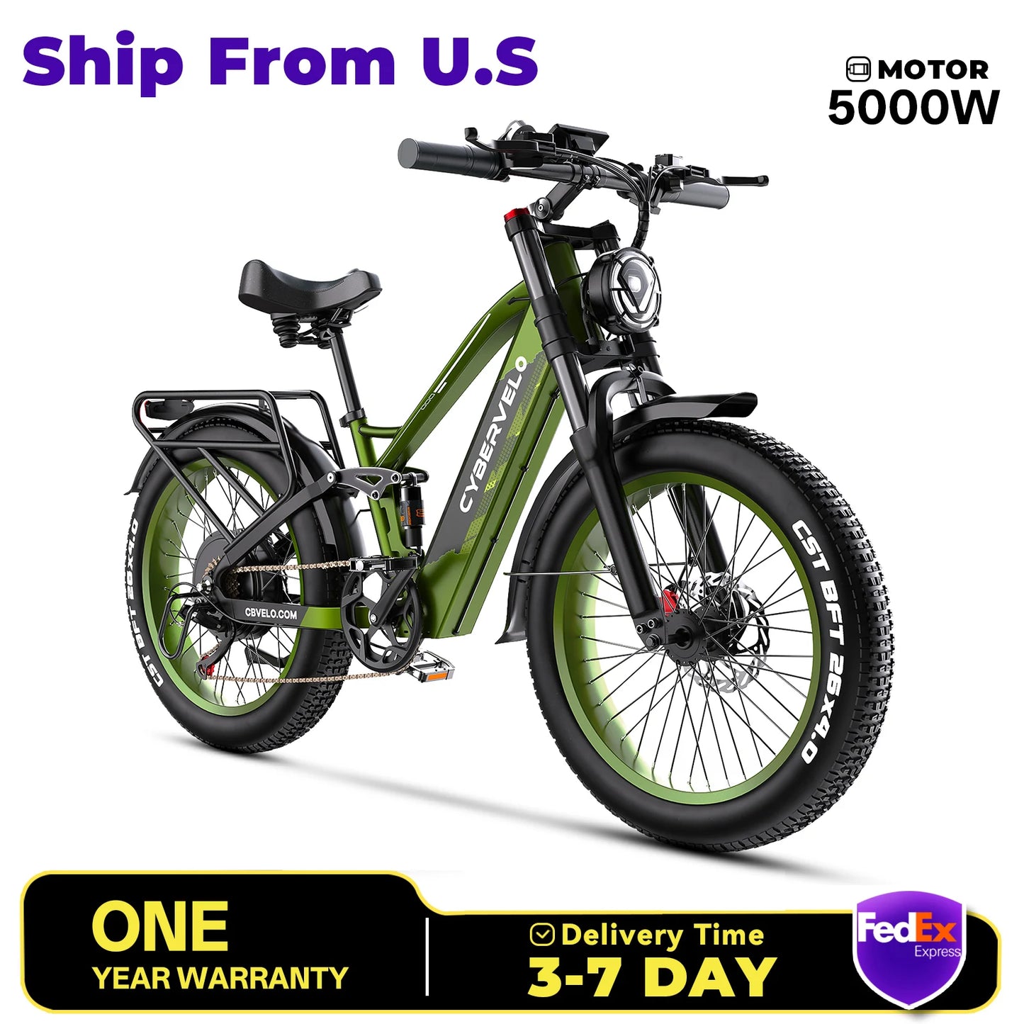 Cybervelo EK9 Strong 26" ebike for Adult,5000W Peak,up 150 Miles 52V 40Ah Battery,26"x4.0 Fat Tire ebike with one year warrenty