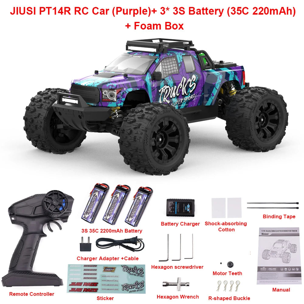 JIUSI PT14R MT14R 1/14 RC Car 4WD 80km/h Brushless 2.4G Remote Control Racing Car 3S 35C 2200mAh High Speed Off-road RC Truck