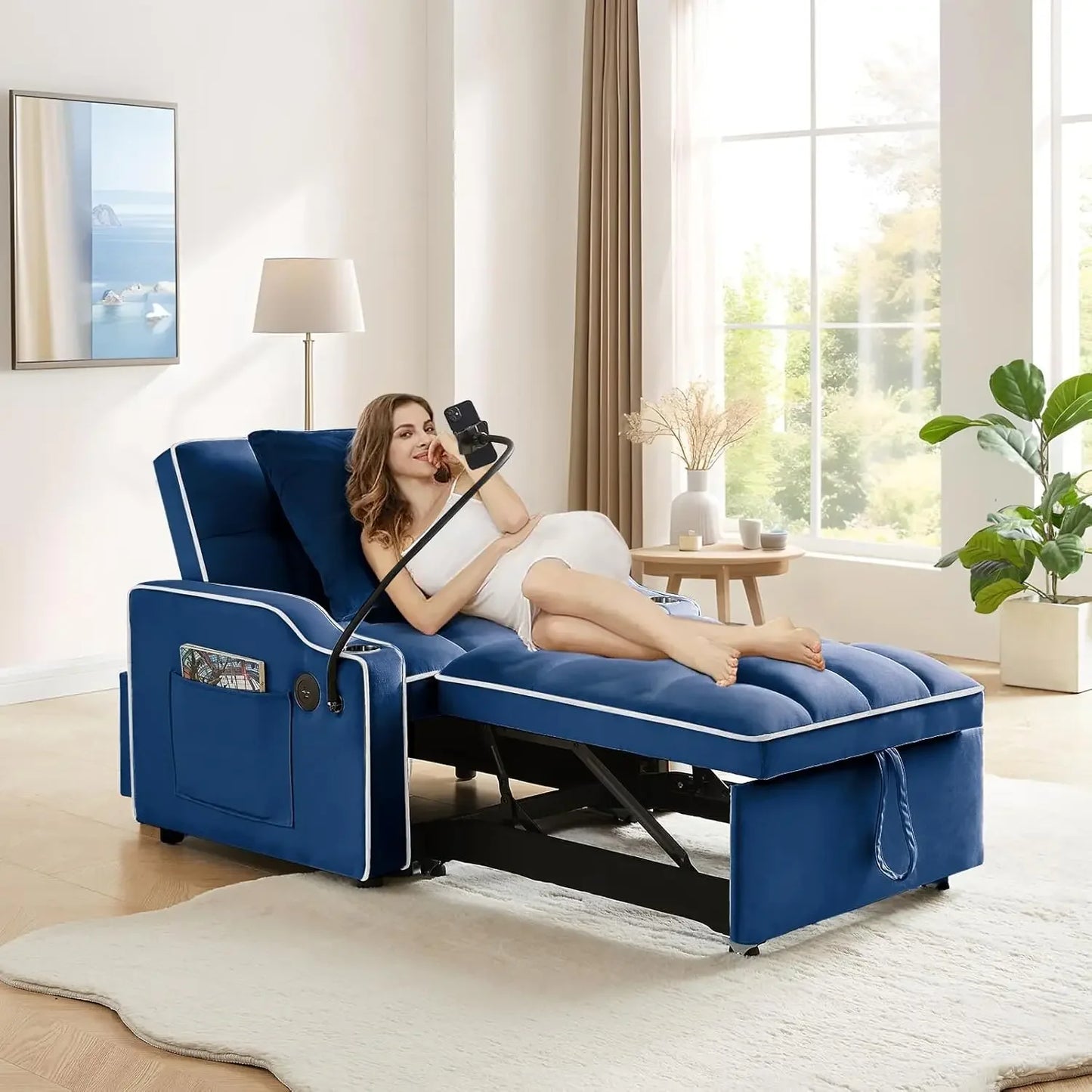 "Convertible Sleeper Chair Bed, 3-in-1 Velvet Futon Sofa with Phone Holder & USB Ports, Pull-Out Design & Adjustable Recline for