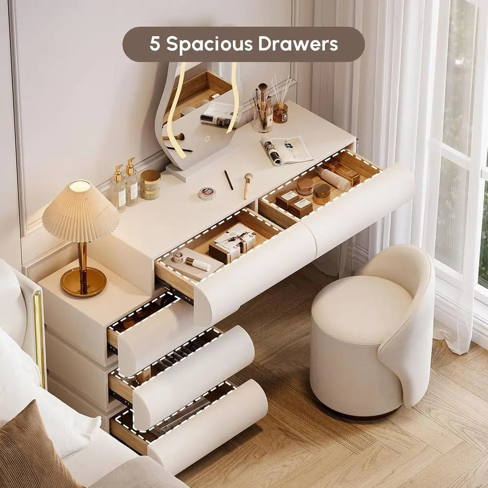 Makeup Vanity Set with LED Mirror and Stool, Elegant PU Leather Table for Bedroom, Perfect for Women and Girls (White)