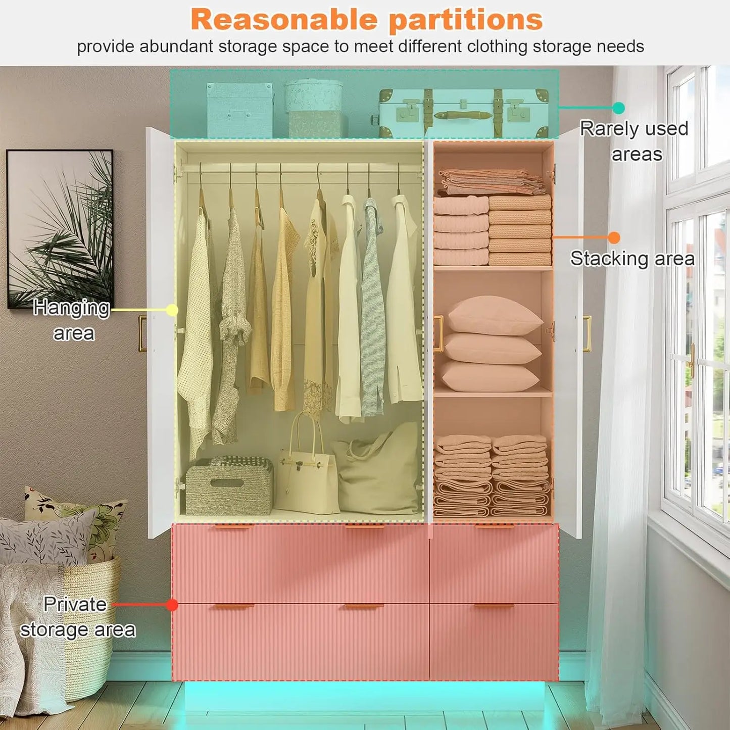 Armoire Wardrobe Closet with 3 Door, Bedroom Armoires with Mirror and LED Lights, Hanging Rod, Drawers, Large Capacity Storage W