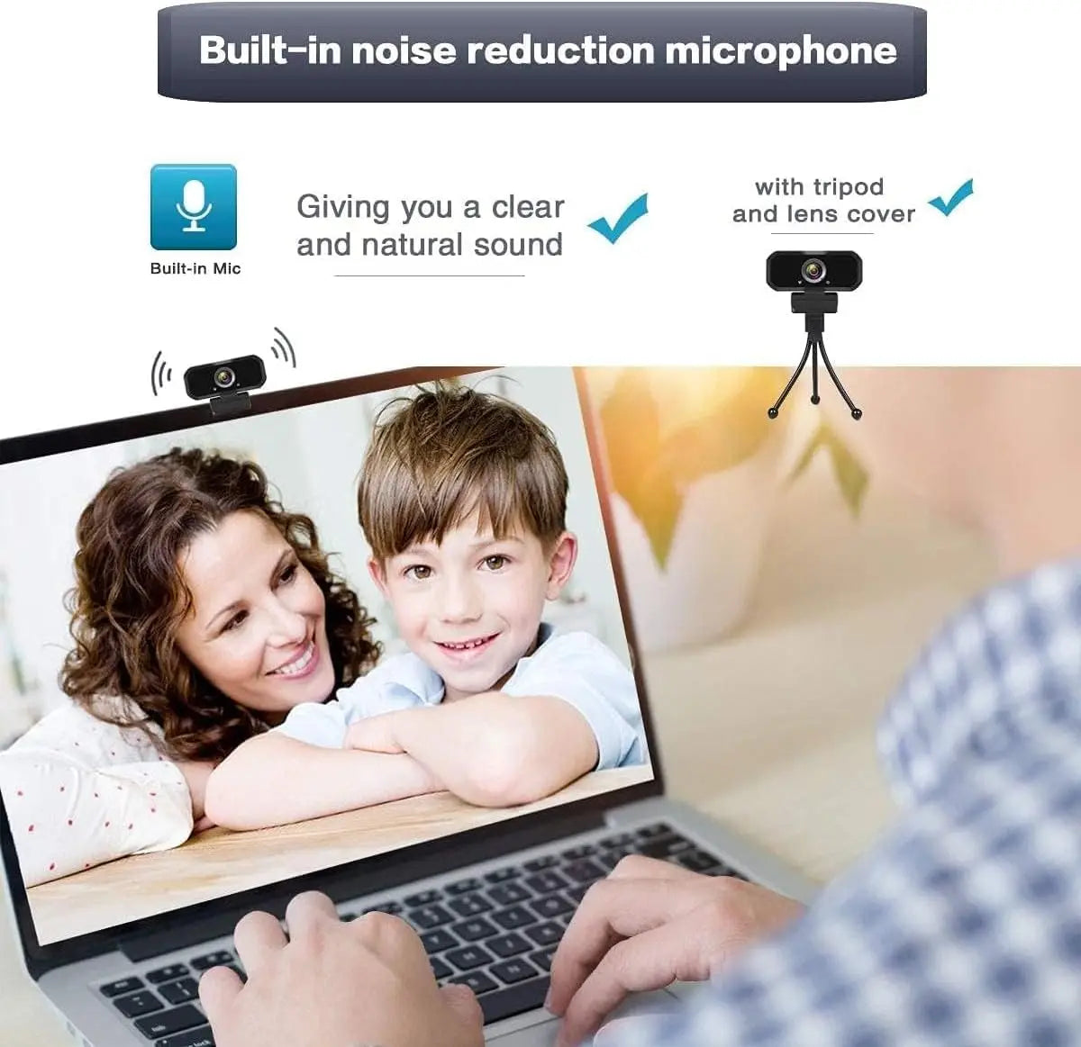 1080P HD USB Webcam with Microphone, Wide Angle, Tripod, Privacy Shutter for PC Laptop Desktop