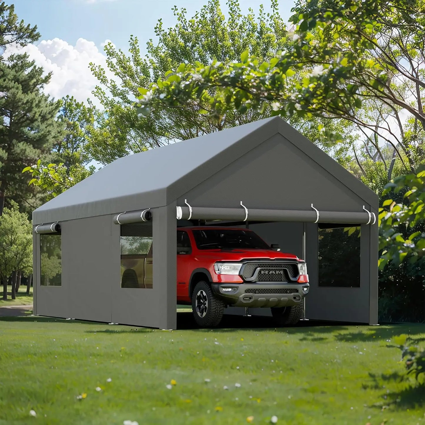JY QAQA Carport, 12x20 FT Heavy Duty Carport with Roll-Up Window and Sandbags, Portable Garage with Removable Side Walls and