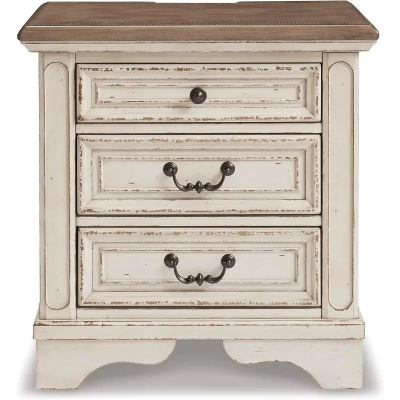 New upgrade-Realyn French Country 3 Drawer Nightstand with Electrical Outlets & USB Ports, 27.75" Tall, Chipped White
