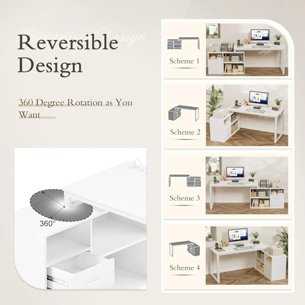 Shaped Desk with Drawers&Shelves, 55'' Corner Computer Desk with Power Outlets, Reversible PC Table with Storage File Cabinet