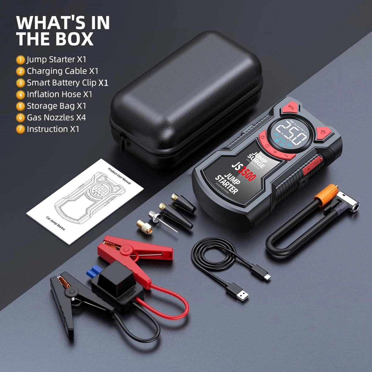 5-in-1 Multifunctional Air Pump Jump Starter with Air Compressor 3000A Peak/150PSI Battery Jump Starter Digital Tire Inflator