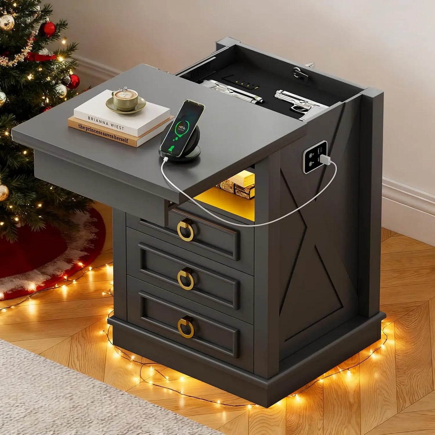 Smart Night Stand with Gun Drawer,Glass Top Nightstand with Charging Sation,LED Bedside Table with 3 Color, Customized
