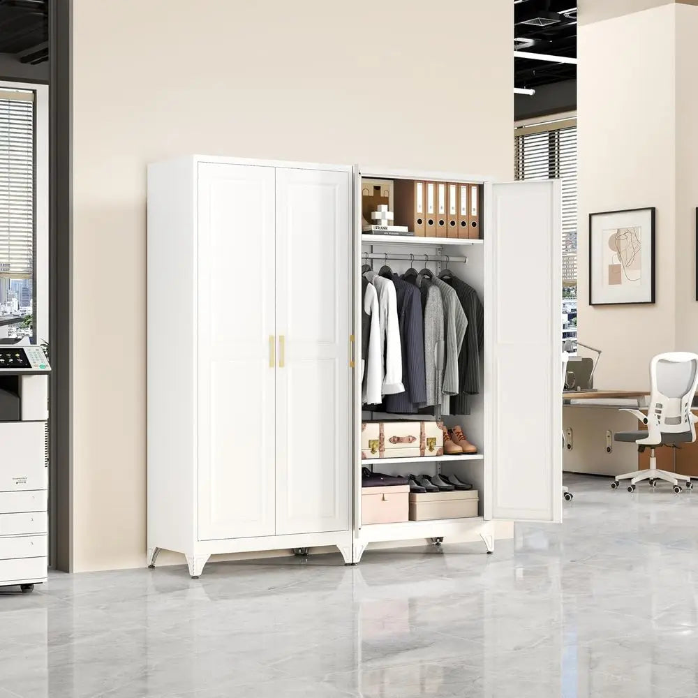 Metal Wardrobe Cabinet with Hanging Rod, 71" Tall Armoire Wardrobe Closet with 2 Doand Adjustable Shelves, White Clothing Storag