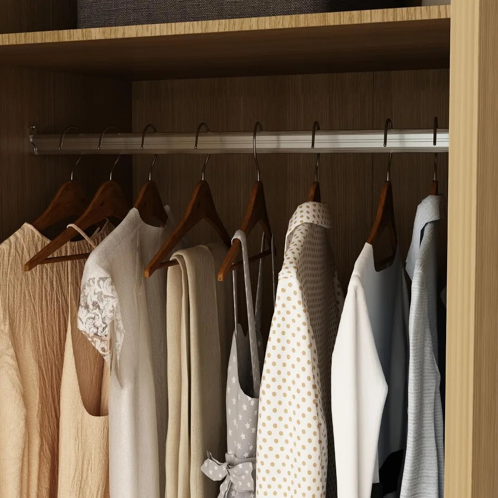 Wardrobe Closet with Mirror, 3 Door Wardrobe with Hanging Rod, 4 Drawers, Shelves, Modern Bedroom Armoire with Gold Handle, Oak
