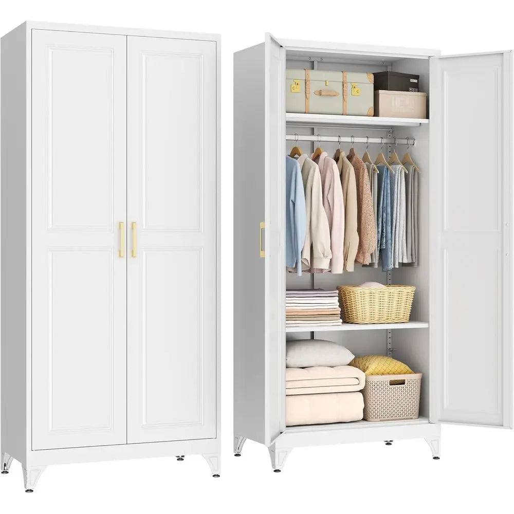 Metal Wardrobe Cabinet with Hanging Rod, 71" Tall Armoire Wardrobe Closet with 2 Doand Adjustable Shelves, White Clothing Storag