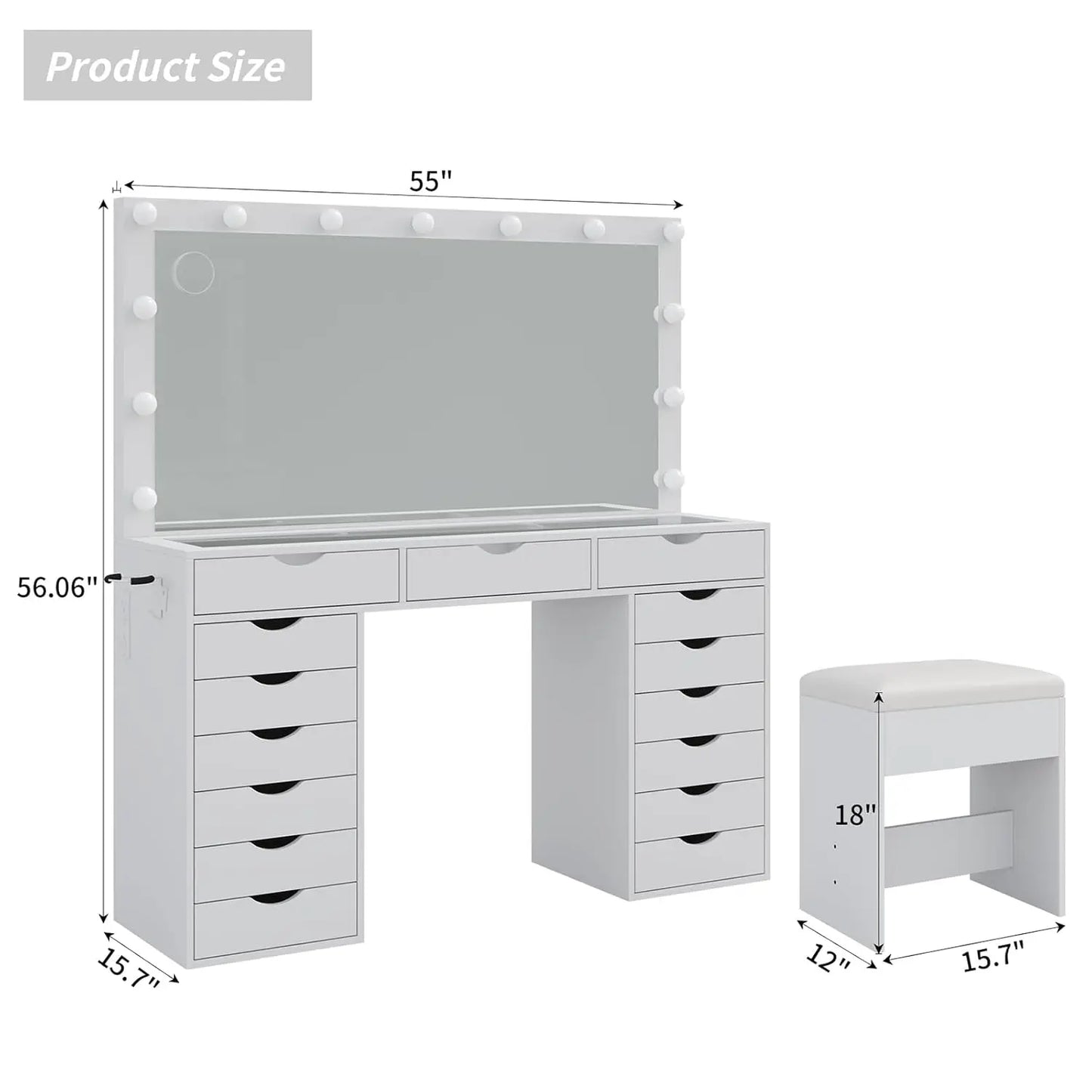 Vanity Desk with Mirror and Lights, Makeup Table with Charging Station, 3 Color Lighting Modes, 15 Drawers Dressing, Customized