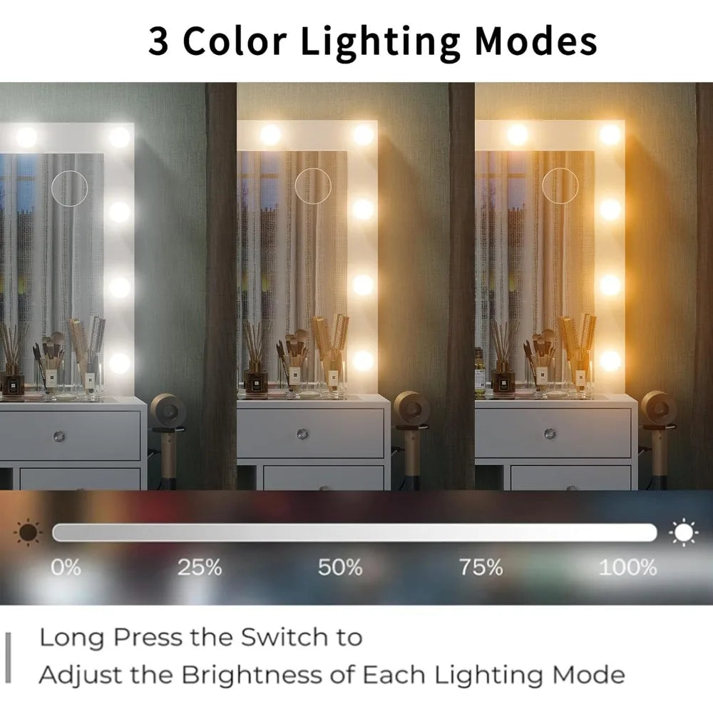 47" Makeup Vanity with Charging Station, 13 Drawers Vanity Desk with 12 LED Bulbs and HD Mirror, 3 Color Brightness .Customized