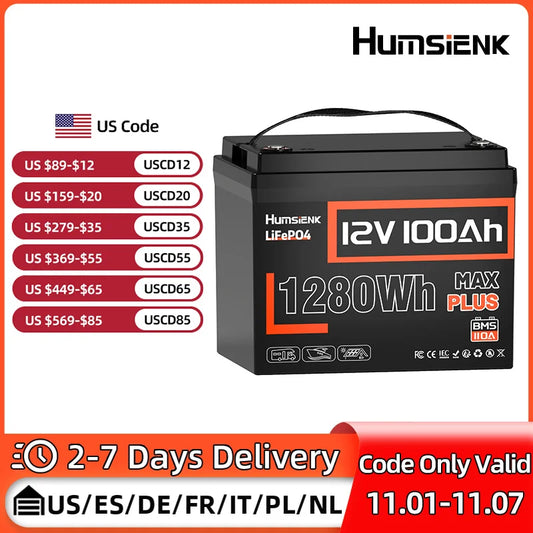 Humsienk LiFePO4 Lithium Battery 12V 100AH BMS 100A 1280Wh For RV/ Vans/ Trolling Motor/Off-grid/Camping/2-year warranty/UL 1973