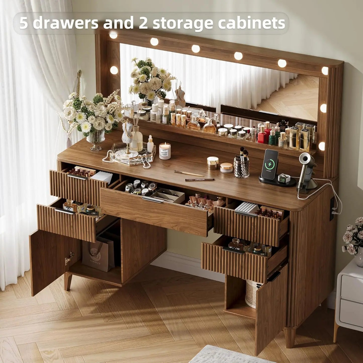 Fluted Makeup Vanity Desk with Large 39.3" Mirror and Lights, 48.8" Wood Vanity, Large Vanity Dressing Table, Customized