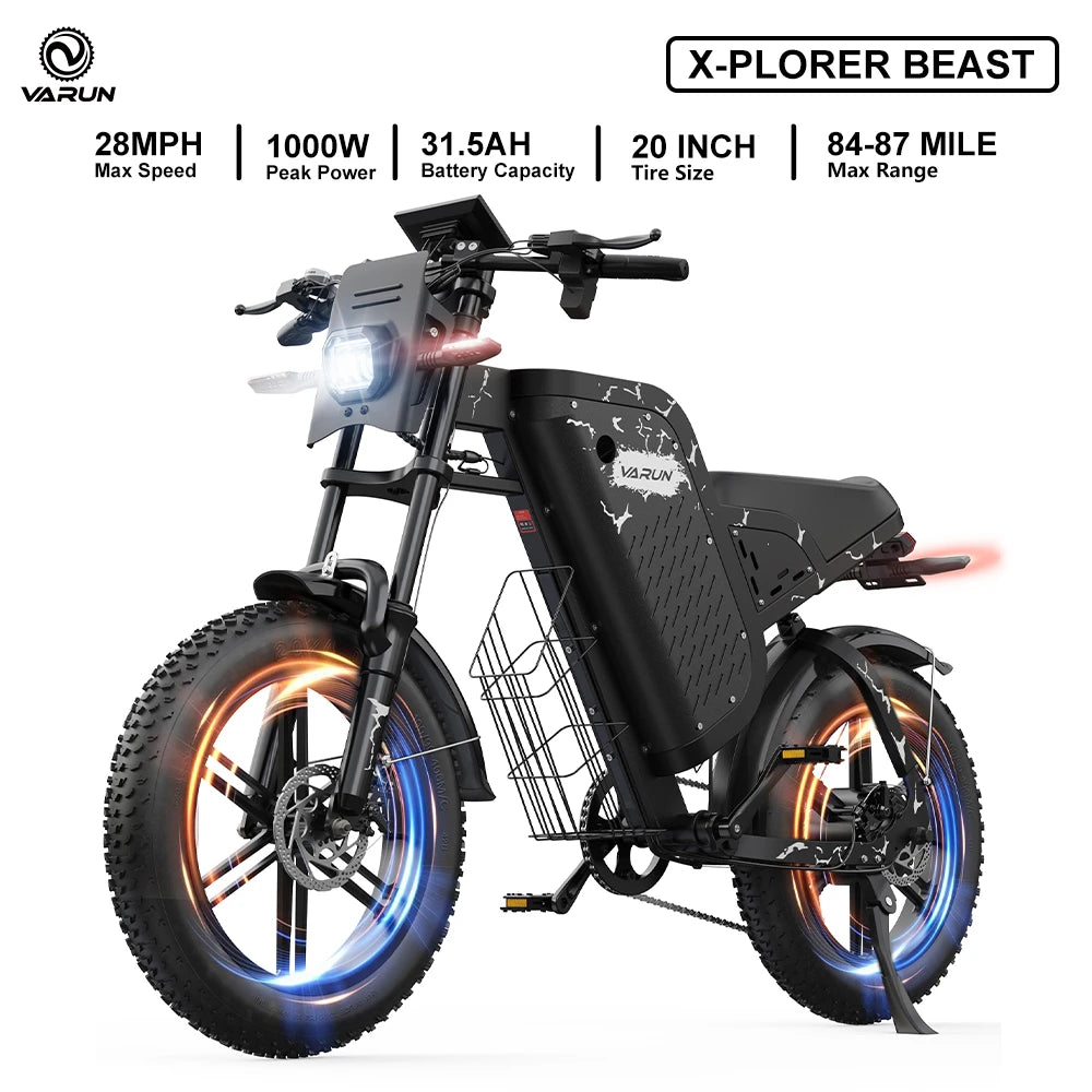 Varun X-Plorer Rapto Adult Electric Bike, 1000W Peak Power, 48V 20.8Ah, 20"x4 Fat Tire, 28MPH, E-bike UL 2849, 1 Year Warranty