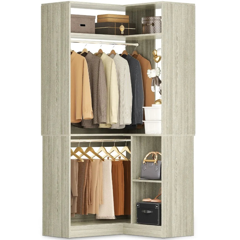 L Shaped Corner Closet Organizer System Garment Rack with Shelves & Hanging Rod