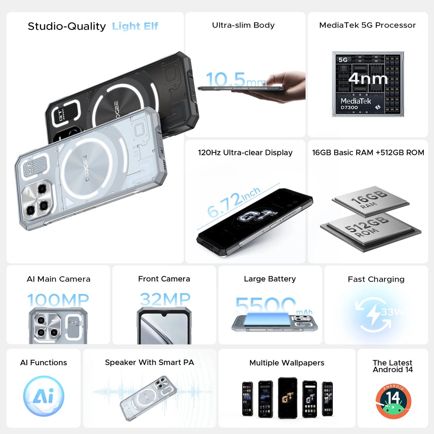 DOOGEE Blade GT Ultra 5G AI Rugged Gaming Phone 6.72 dimension 7300 Mobilephone 16GB + 512GB LED Light Effect AI Smartphones NFC