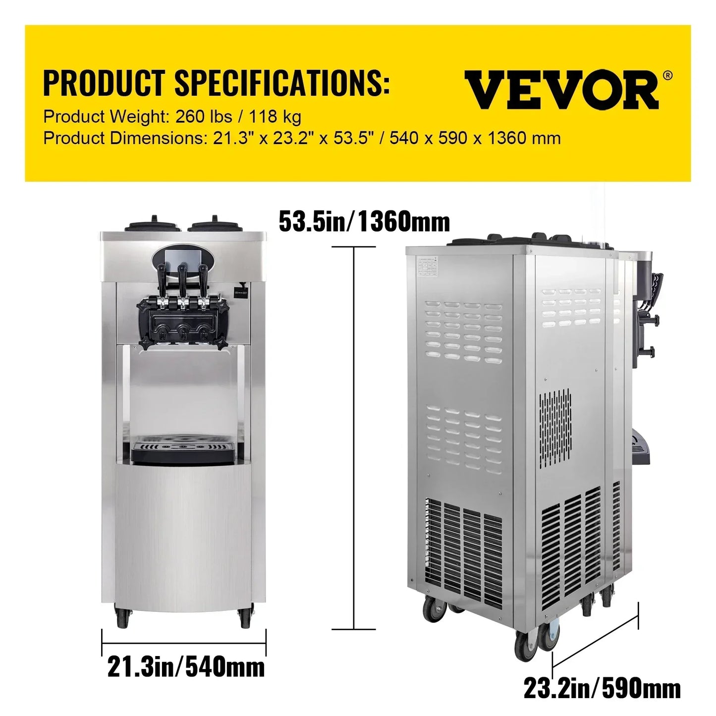 VEVOR 2200W Pre-cooling Commercial Soft Ice Cream Machine 3 Flavors Snack Shop Cafe 2+1 Flavors Vertical Soft Ice Cream Machine