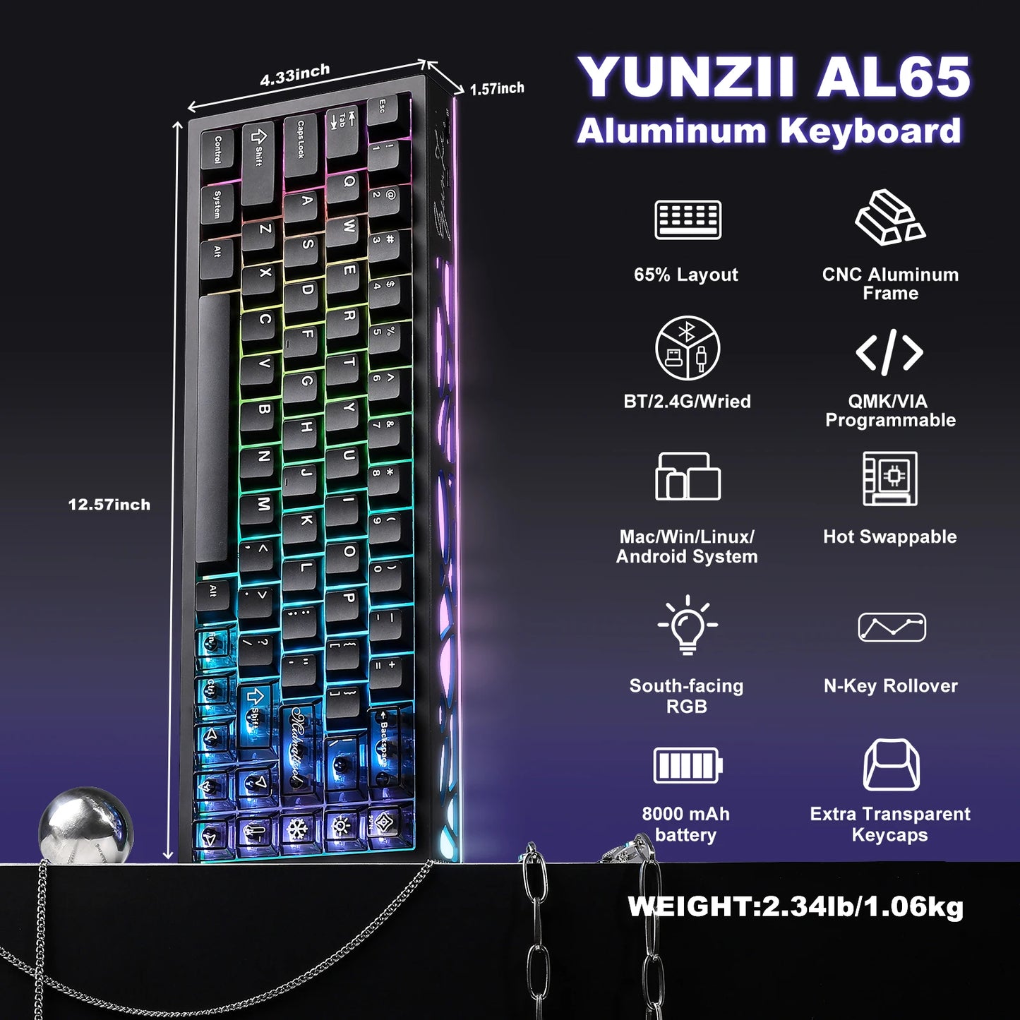 YUNZII AL65 QMK/VIA Aluminum Mechanical Keyboard, Custom RGB Wireless Gaming Keyboard, Hollow Design Gasket Hot Swap Keyboard