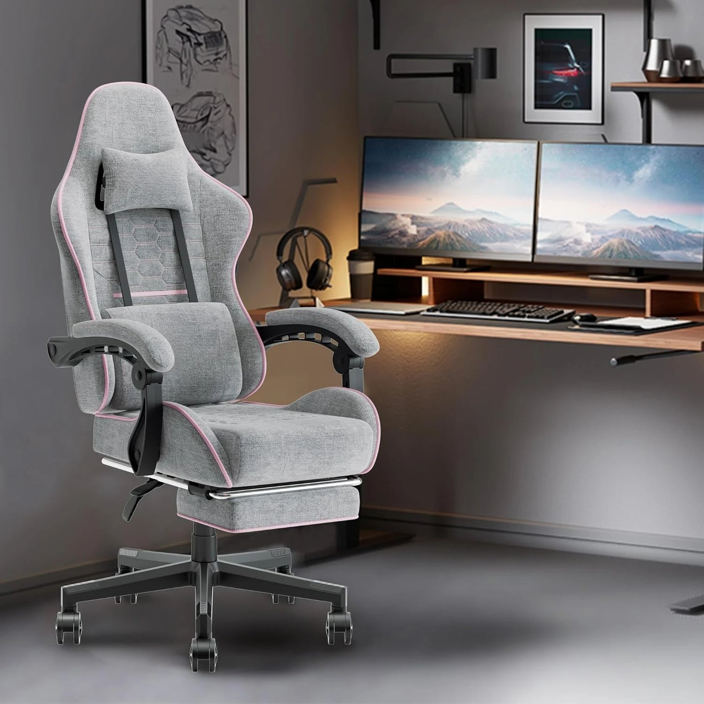 Gaming Chair Fabric with Pocket Spring Cushion, Massage Game Chair Cloth with Headrest, Pink and Grey