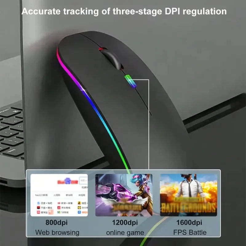 Ergonomic Wireless Mouse with Silent Click, RGB Lighting, USB Rechargeable, Compatible with PC, Laptop, MacBook, iPad, Gaming, N