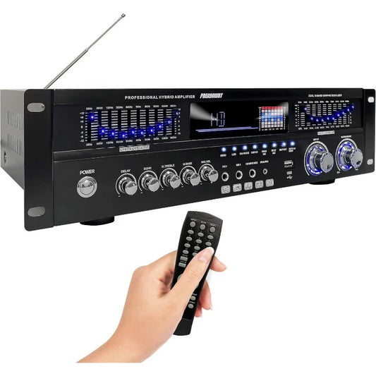 6-Channel Bluetooth Hybrid Home Amplifier -1600W Home Audio Rack Mount Stereo Power Amplifier Receiver w/ Radio, USB/AUX/RCA/MIC