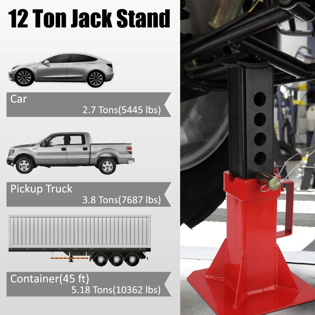 1 Pair Heavy Duty Pin Type Car Jack Stand with Lock, 12 Ton (26,400 lb) Capacity/22 Ton (44,000 lb) Capacity