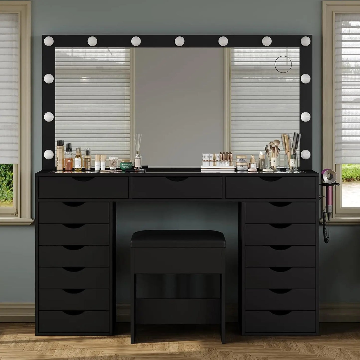 Vanity Desk with Mirror and Lights, Makeup Table with Charging Station, 3 Color Lighting Modes, 15 Drawers Dressing, Customized