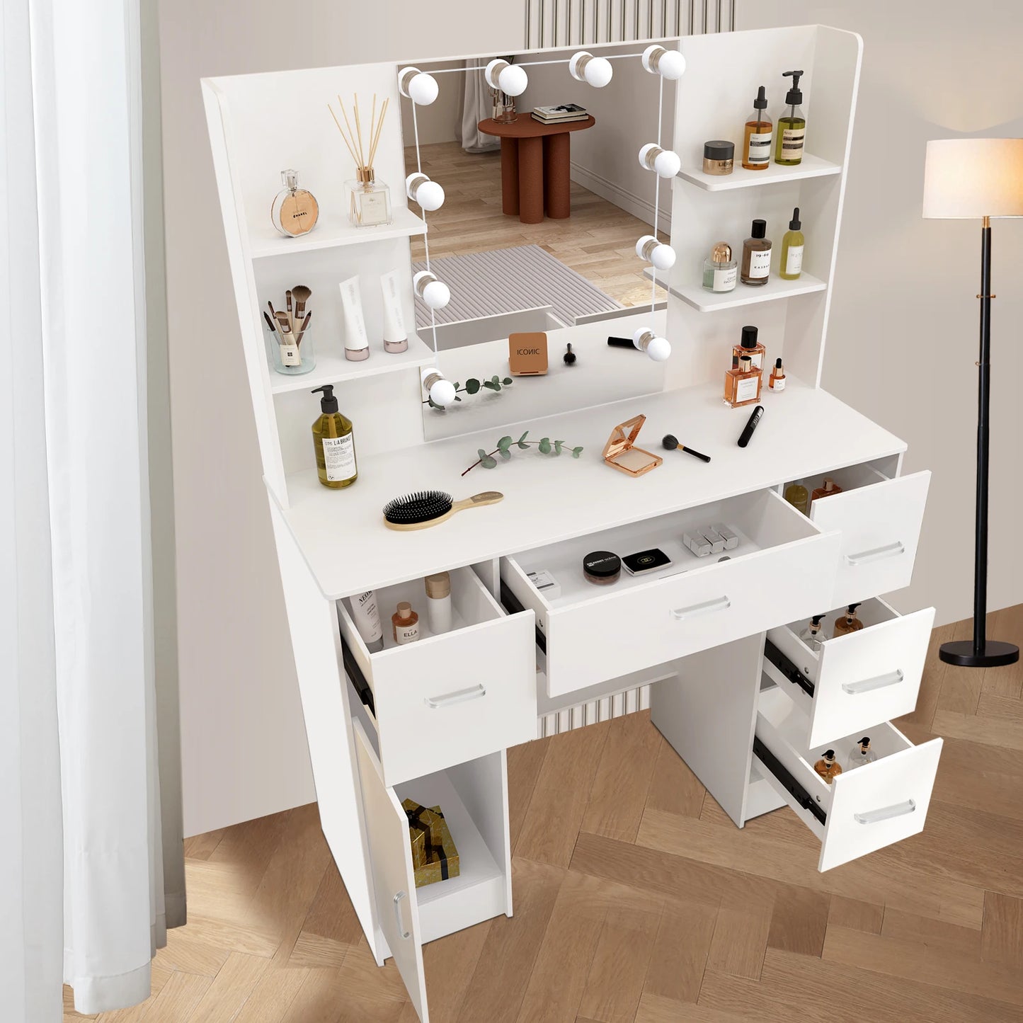 NEW White Vanity/Dressing Table With Adjustable Brightness 10 LED Lights Mirror and Stool 6 Drawers Vanity Makeup Desk bedroom
