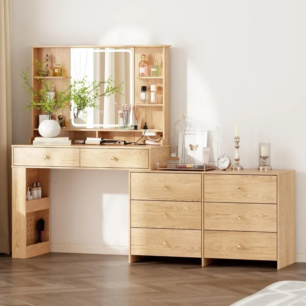 illuminated makeup vanity desk with mirror, 8 drawers, storage shelves, and power outlet in 3 colors