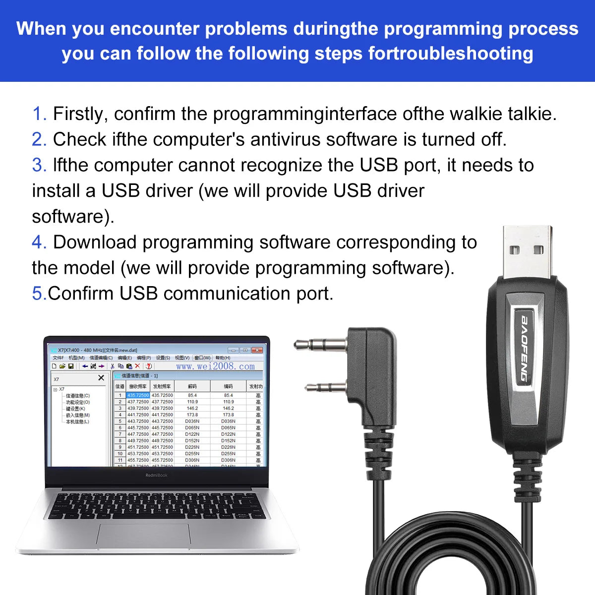 BAOFENG USB Programming Cable CH340 Chip for GMRS Radio Two Way Radio UV-5R BF-F8HP 5RM UV-21R UV-5G Plus GM-5RH K5PLUS AR-152 U