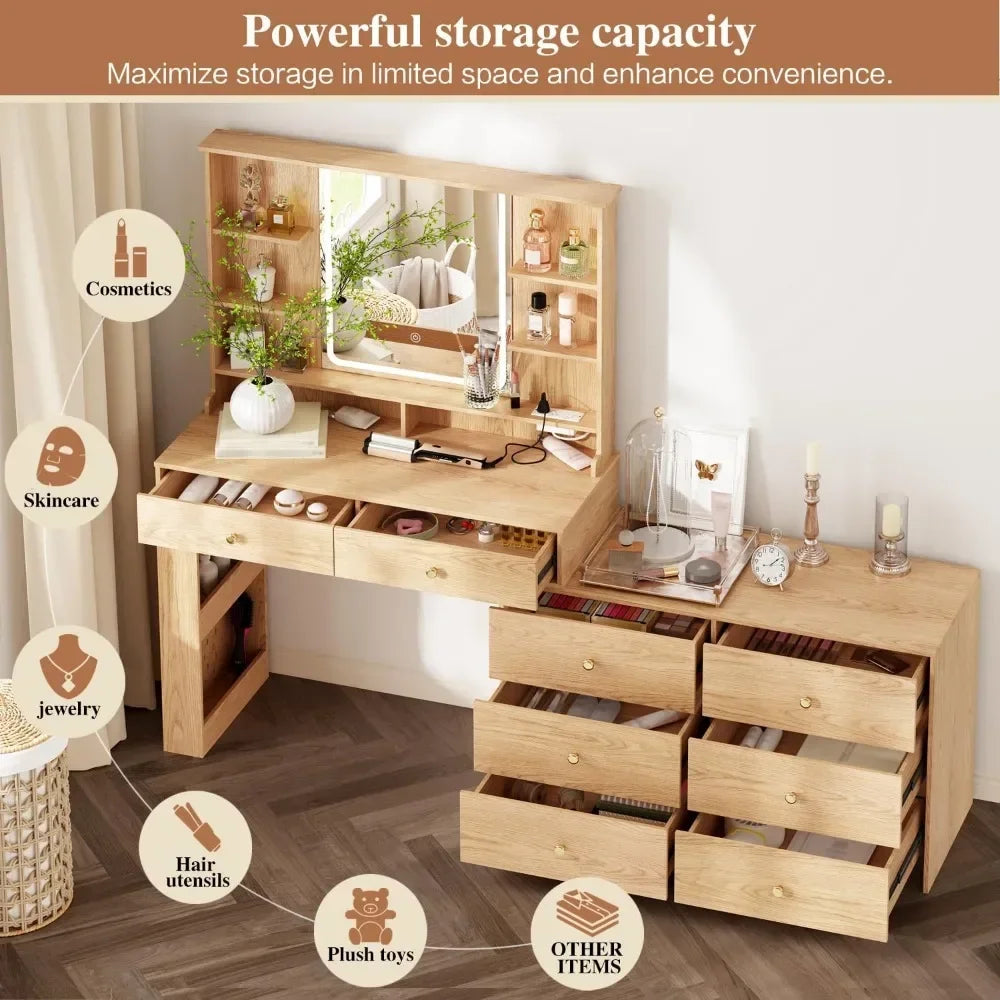 illuminated makeup vanity desk with mirror, 8 drawers, storage shelves, and power outlet in 3 colors