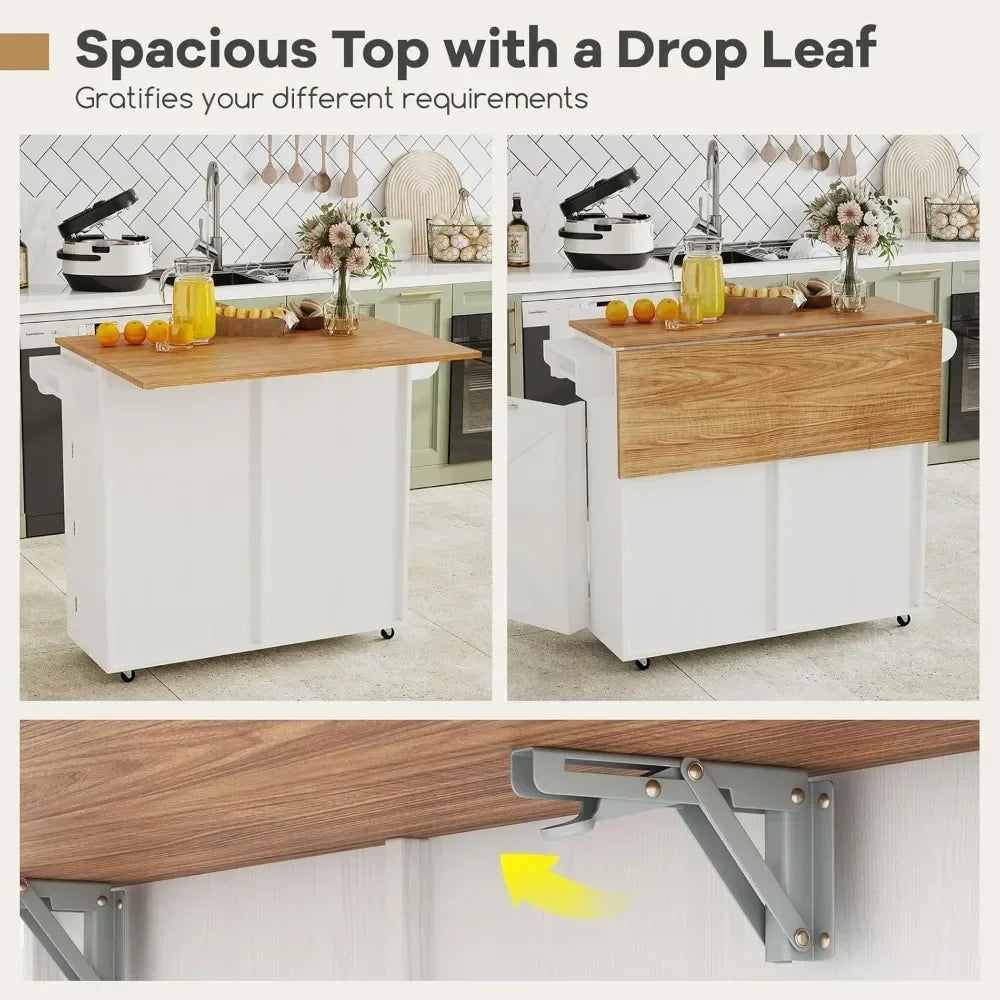 Rolling Kitchen Island with Trash Can Storage Cabinet, Drop Leaf Breakfast Bar Table, Towel Holder, 2 Drawers & Door Racks