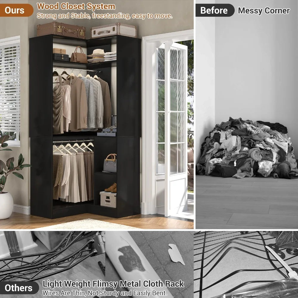 L Shaped Corner Closet Organizer System Garment Rack with Shelves & Hanging Rod