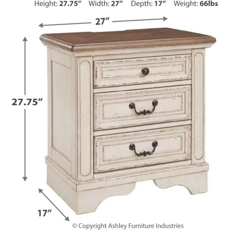 New upgrade-Realyn French Country 3 Drawer Nightstand with Electrical Outlets & USB Ports, 27.75" Tall, Chipped White