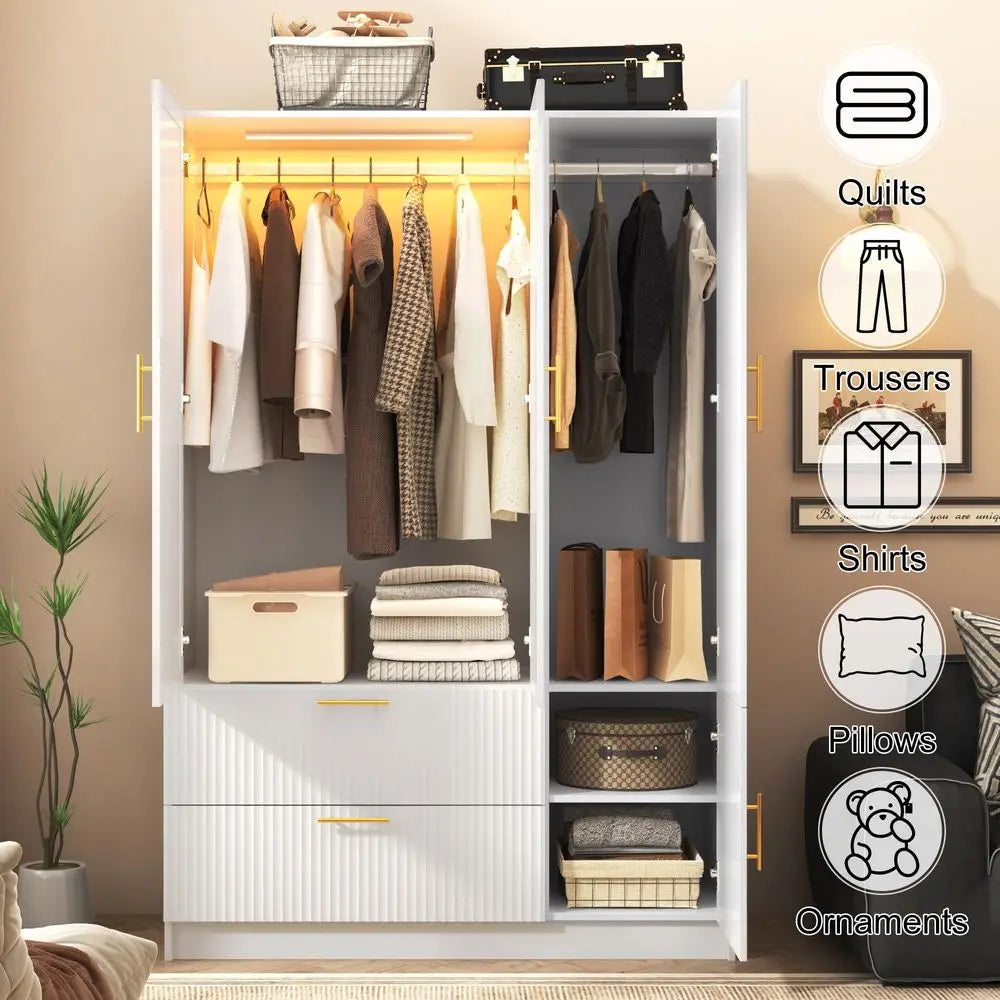Fluted Style 3 Doors Wardrobe Closet Armoire with Mirrors and LED Lights, 70.3 H Modern Wooden Bedroom Armoires with 2 Drawers,