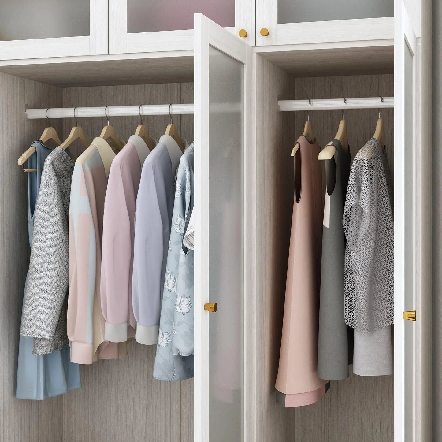 Wide Modern Bedroom Armoires with Frosted Glass Doors and Hanging Rod, Tall Wardrobe with Drawers, Large Armoire, Custom