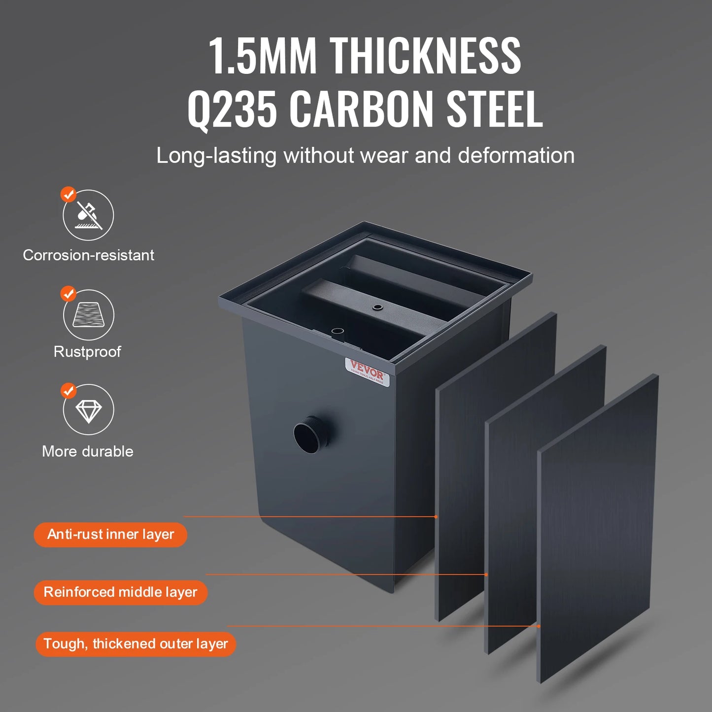 VEVOR Commercial Grease Trap 8 LBS Grease Interceptor Side Inlet Interceptor Under Sink Carbon Steel Grease Trap for Restaurant