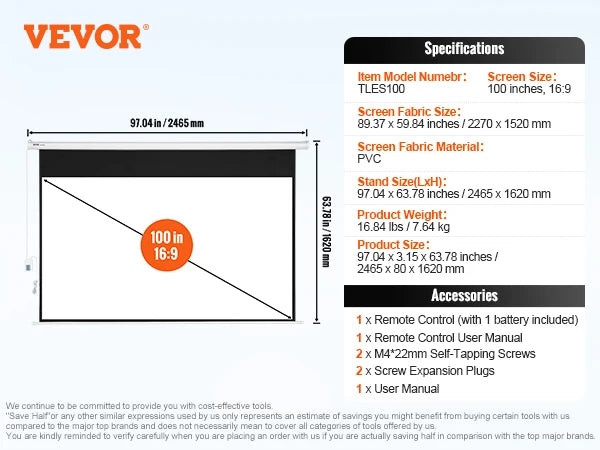 SucceBuy Electric Motorized Projector Screen 100in16:9 4K 1080 HD Wall Mount Movie Screen for Family Home Office Movie Theater