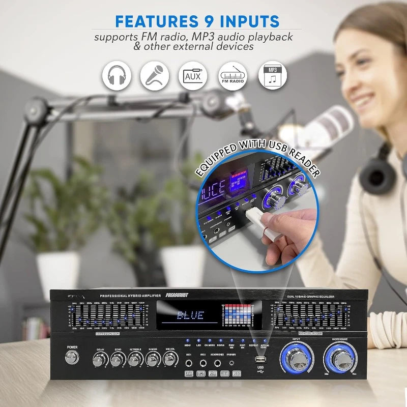 6-Channel Bluetooth Hybrid Home Amplifier -1600W Home Audio Rack Mount Stereo Power Amplifier Receiver w/ Radio, USB/AUX/RCA/MIC