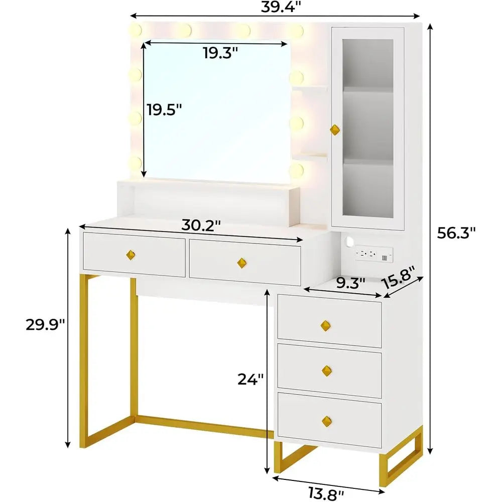 Large White & Gold Makeup Vanity Desk with Illuminated Mirror, 5 Drawers & Charging Station