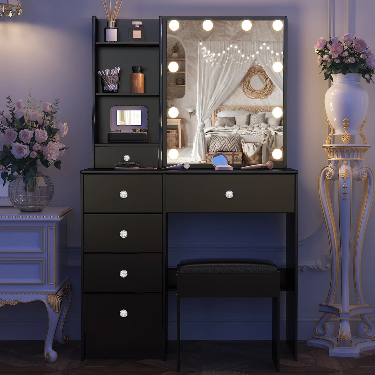 Teousev Black Modern Vanity Set with LED Sliding Mirror 6 Drawers & Stool 3 Color Dimmable Easy Assembly Bedroom Makeup Desk