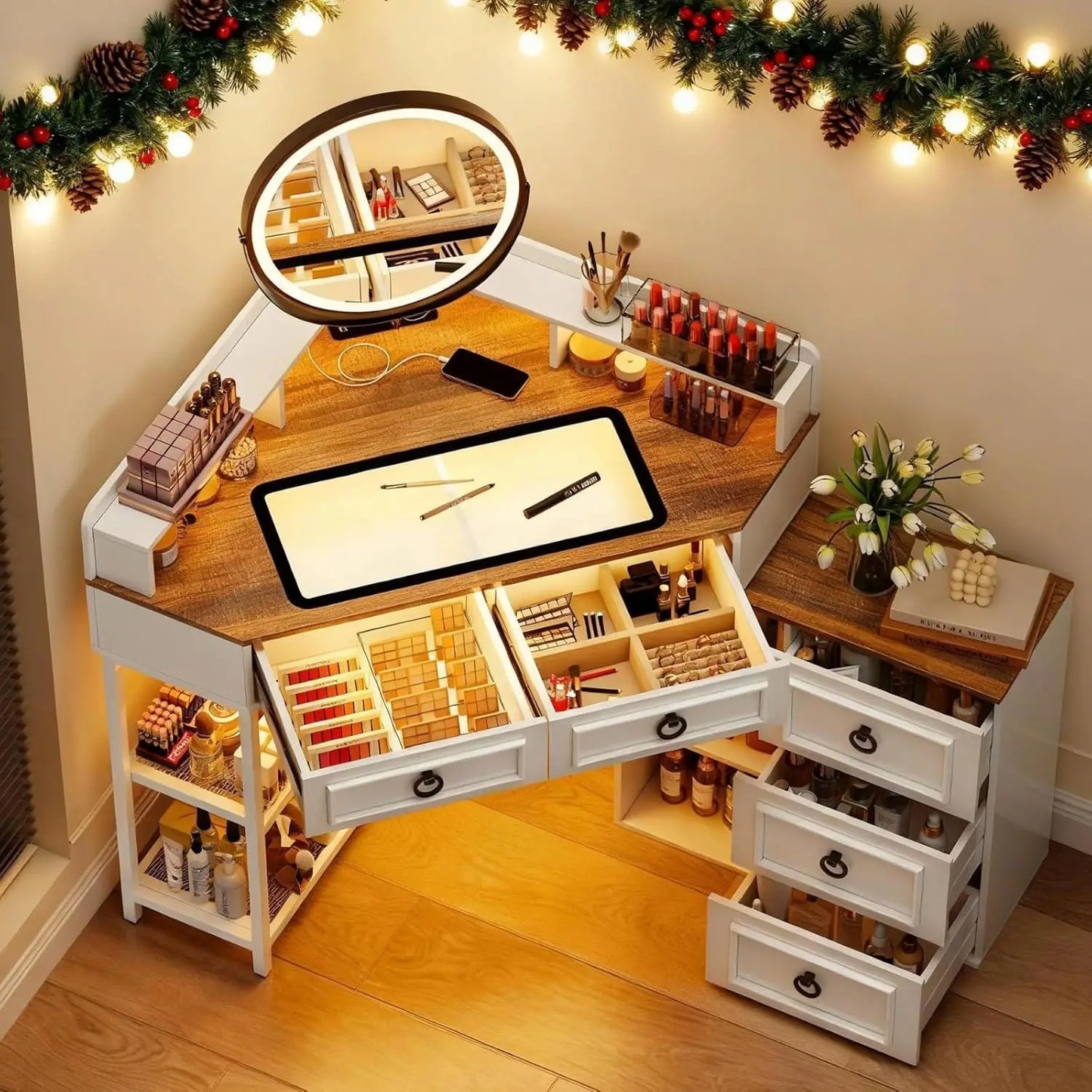 Corner Vanity Desk, Glass Top Makeup Vanity with Human Body Senor&Charging Station, LED Vanity Table Set