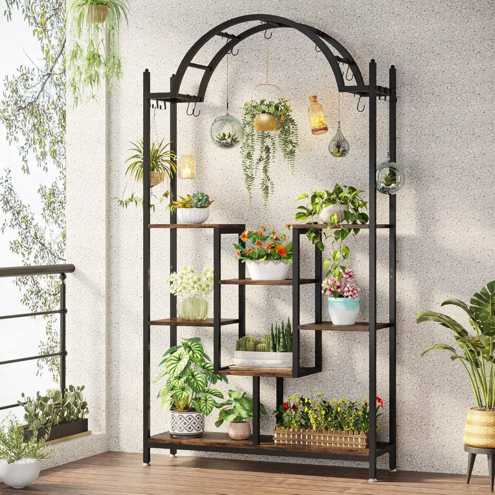 5-Tier Tall Indoor Plant Stand, 74.8'' Arched Metal Flower Shelf with Hanging Hooks, Large Bonsai Pots Display Rack for Indoor