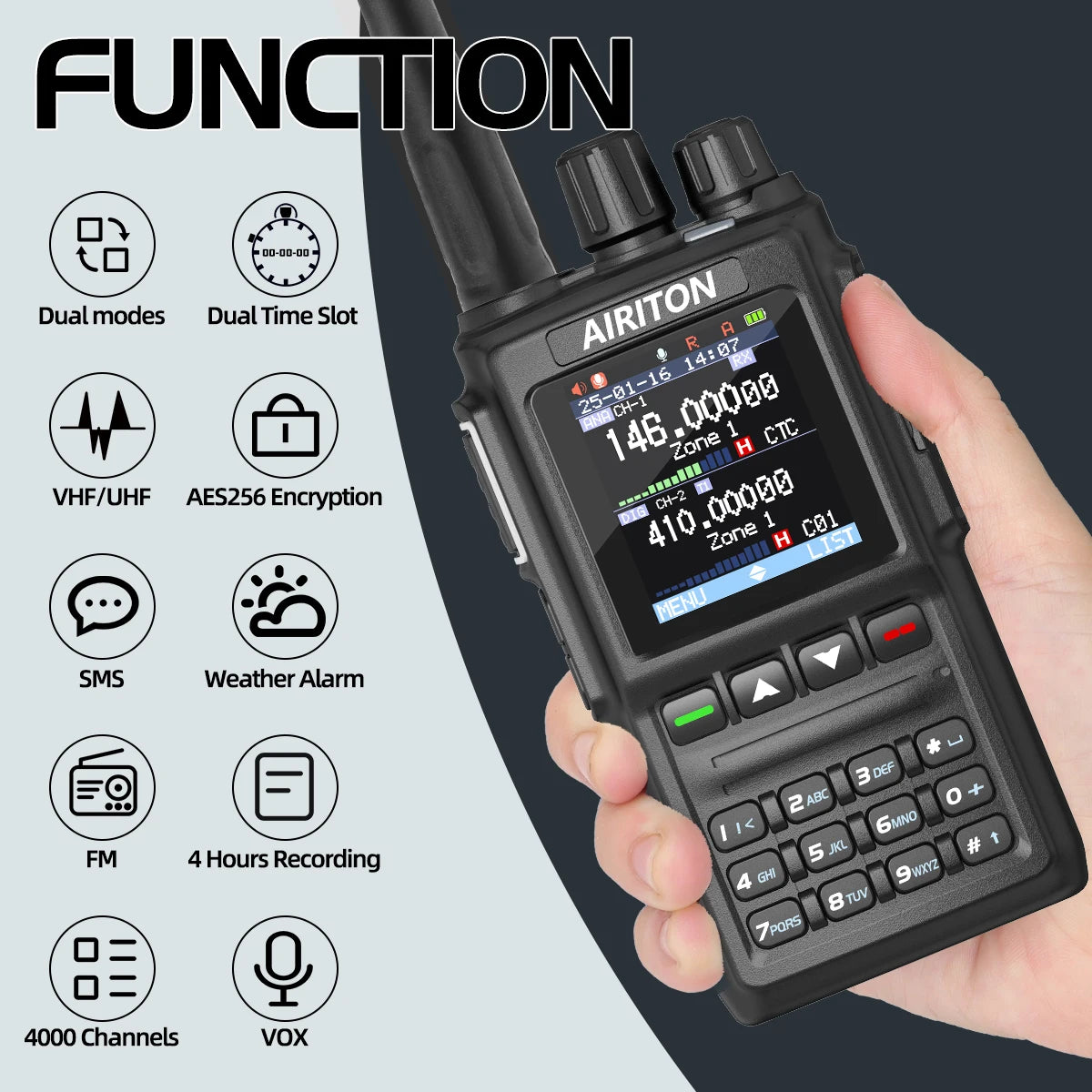 DM-168 Walkie Talkie AES256 Encryption DMR Digital and Analog Dual Band FM Amateur AT-D168UV Two Way Radio with USB-C charging