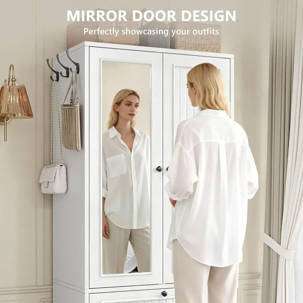 70-Inch Wooden Armoire with Mirror, 3-Side Hooks, Large Freestanding Bedroom Wardrobe in White