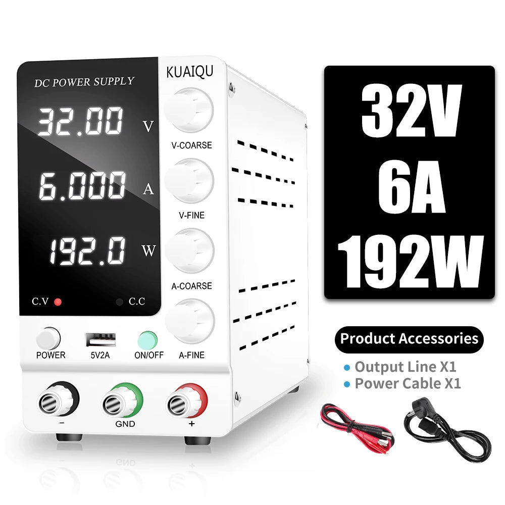 KUAIQU Adjustable Switching DC Power Supply 30V 10A 6A Lab Bench Power Supply 60V 5A 120V 3A Output Preset Current USB Interface