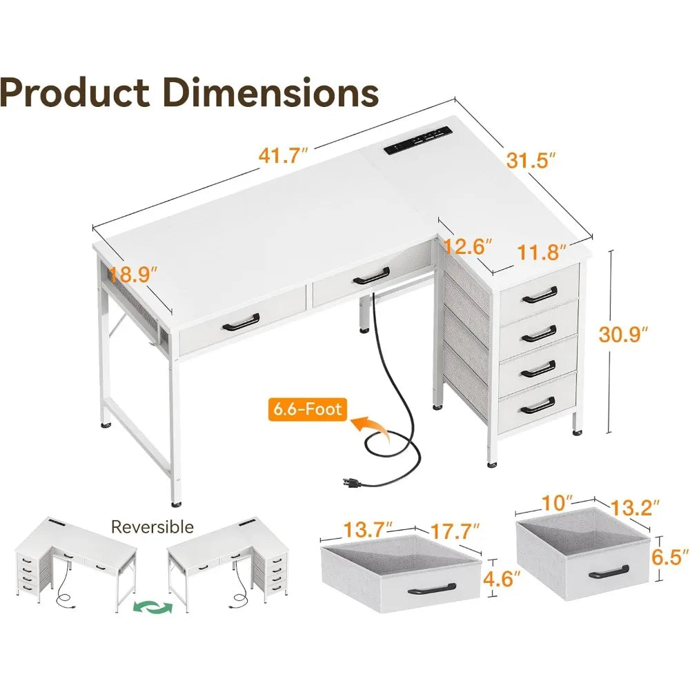 42 Inch L Shaped Desk with Drawers, Computer Desk with Power Outlets, Home Office Desk with 6 Drawers
